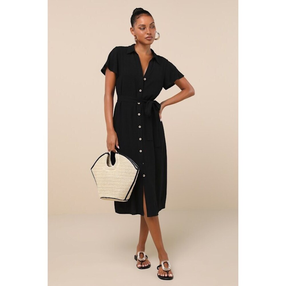 Lulus Italian Summer Black Linen Button-up Short Sleeve Midi Dress - Size S